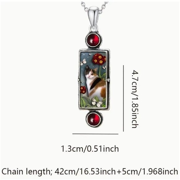 Cat Pendant Necklace With Red Accents on Silver Tone Chain - Picture 2 of 2